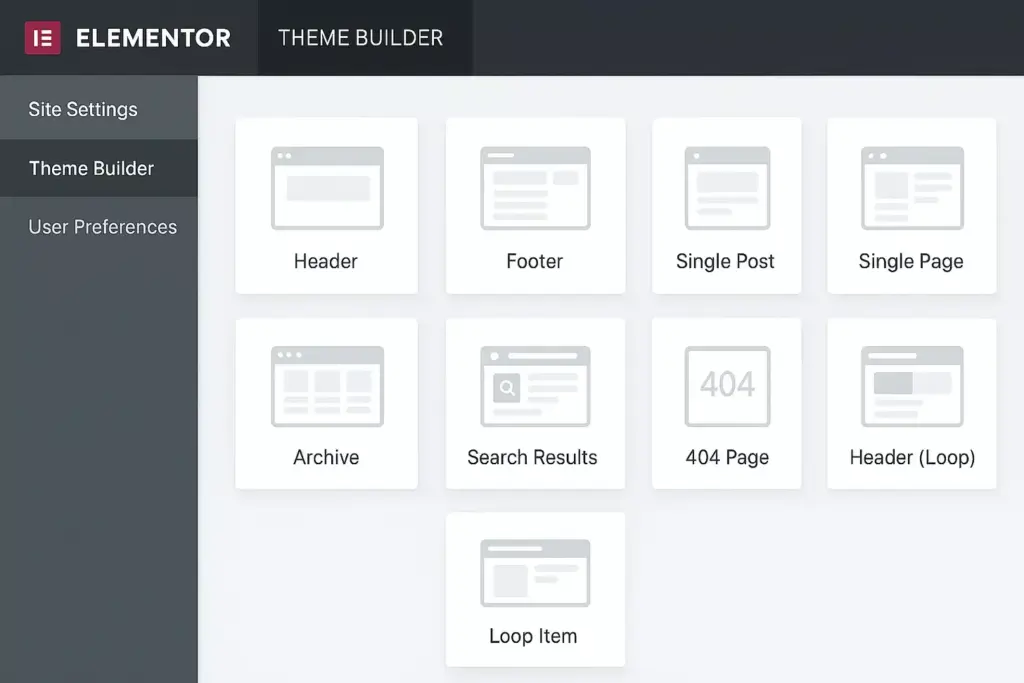 Elementor Pro Theme Builder Interface mit verschiedenen Template-Optionen