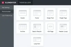Elementor Pro Theme Builder Interface mit verschiedenen Template-Optionen